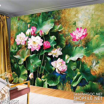 Tranh sơn dầu đầm hoa sen và đàn cá chép vàng in 8d
