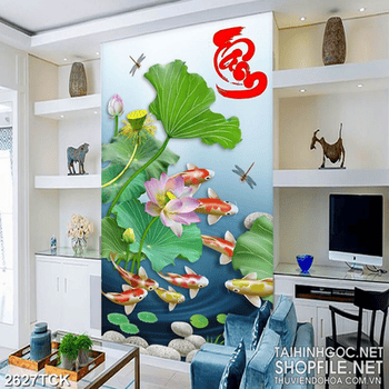 Tranh in canvas đàn cá chép bên bông hoa sen hồng
