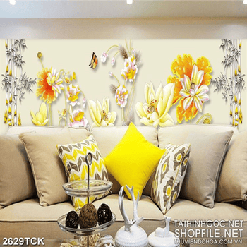 Tranh in tường đầm hoa sen khoe sắc dáp vàng sơn dầu
