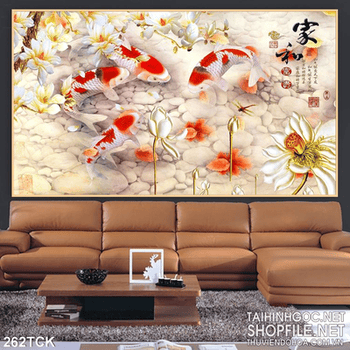 Tranh hoa sen, cá chép trang trí Tết