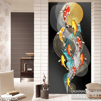 Tranh decor đàn cá chép tung tăng trong hồ sen khoe sắc