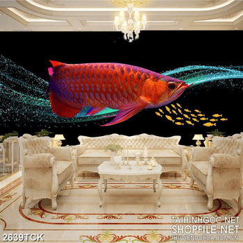 Tranh in uv đàn cá chép bơi tung tăng bên những bông sen