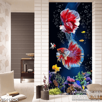 Tranh chú cá chép mang sắc đỏ bơi trong làn nước đêm