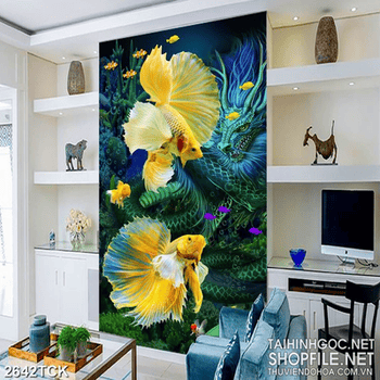Tranh in canvas hai chú cá sim betta xinh đẹp trong hồ