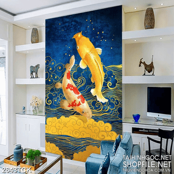Tranh nghệ thuật hai chú cá chép xinh đẹp trong làn nước