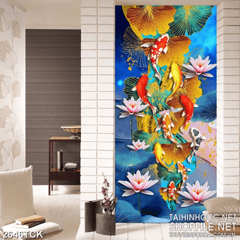 Tranh cá chép bên những bông hoa sen dáp vàng in 3d
