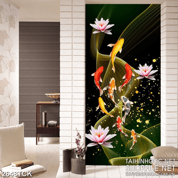 Tranh hồ hoa sen hồng và cá chép bơi tung tăng trong đêm
