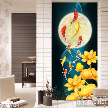 Tranh bông hoa sen dáp vàng trong hồ cá chép dưới trăng
