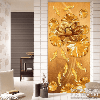 Tranh decor hoa sen và đàn cá chép trong đêm dáp vàng