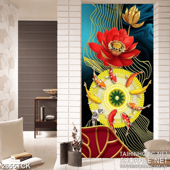Tranh đàn cá chép vàng bên bông sen đỏ khoe sắc in 3d