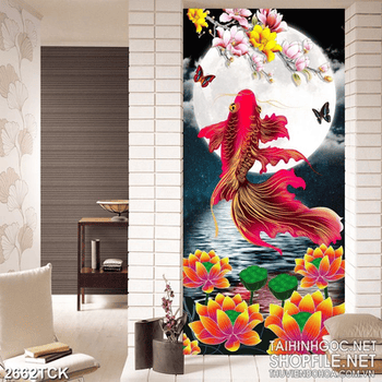 Tranh nghệ thuật hoa sen sắc đỏ và cá chép trang trí tường