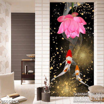 Tranh in uv những bông hoa sen hồng trong hồ cá chép