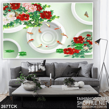 Tranh hoa sen, cá chép và hoa mẫu đơn