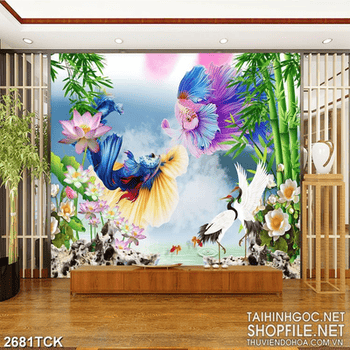 Tranh decor những bông hoa sen trắng bên chú cá sim betta