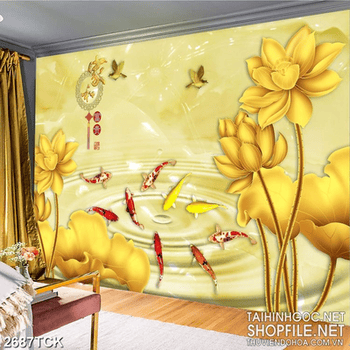 Tranh in canvas những bông hoa sen vàng bên đàn cá chép
