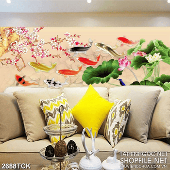 Tranh nghệ thuật hoa sen hồng và cá chép dưới cành hoa đào