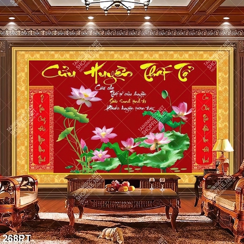 Tranh Cửu Huyền Thất Tổ hoa sen trang trí bàn thờ tổ