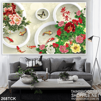 Tranh hoa sen, cá chép và hoa mẫu đơn