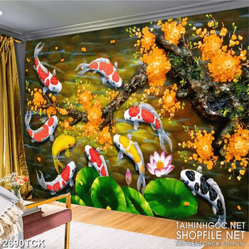 Tranh sơn dầu đàn cá koi xinh đẹp dưới cành hoa mai vàng