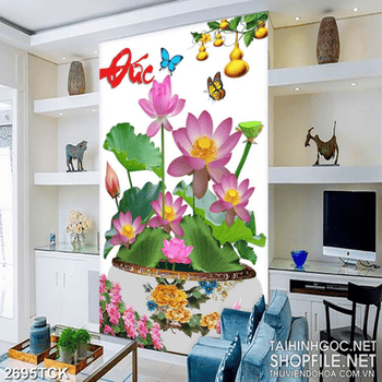 Tranh  in tường chậu hoa sen hồng xinh đẹp bên dàn bầu
