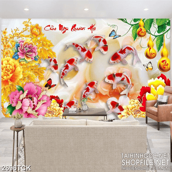 Tranh decor những bông hoa mẫu đơn bên đàn cá koi trắng