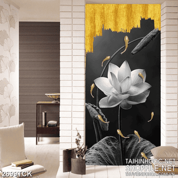 Tranh in uv đàn cá chép vàng bơi dưới hồ sen hoa trắng