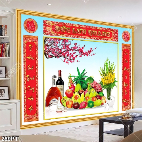 Tranh thờ tổ tiên ngũ quả in kính