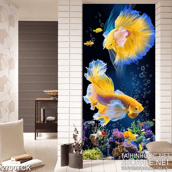 Tranh hai chú cá sim betta mang sắc vàng xinh đẹp in 3d