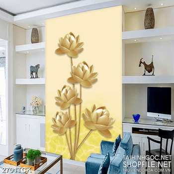 Tranh nhưng bông hoa sen dáp vàng trong làn nước trong