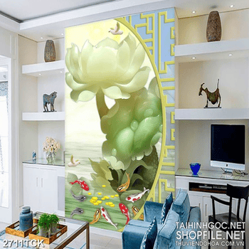 Tranh decor hoa sen trắng giả ngọc bên đàn cá chép vàng