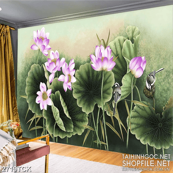 Tranh in tường đầm hoa sen mang sắc tím bên đôi chim non