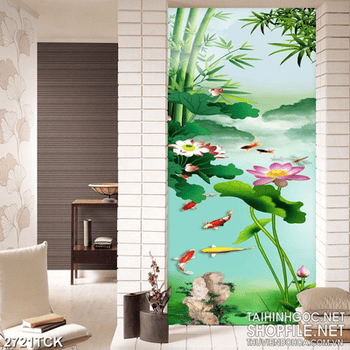 Tranh những bông sen hồng bên đàn cá chép xinh đẹp in 5d