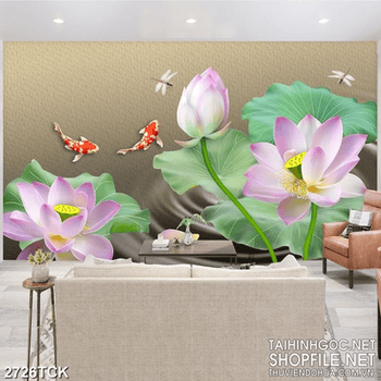 Tranh decor hoa sen và đàn cá chép giả ngọc trong đầm