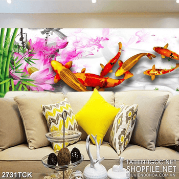 Tranh những đàn cá chép nối đuôi nhau bên bông hoa sen