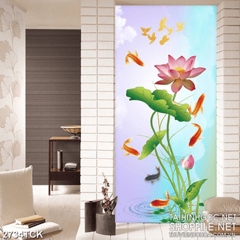 Tranh in tường đàn cá chép vàng bên bông hoa sen hồng