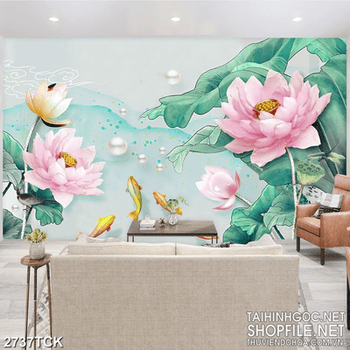 Tranh những bông hoa sen hồng bên đàn cá chép in tường