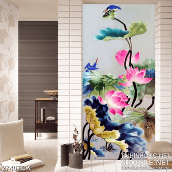 Tranh hồ sen hồng bên đàn chim non xinh đẹp sơn dầu