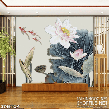 Tranh decor hoa sen và đàn cá chép vàng trong hồ nước