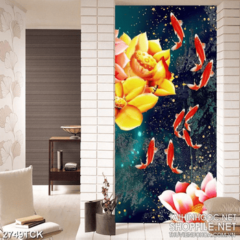 Tranh bông hoa sen vàng và những chú cá chép vàng in 3d