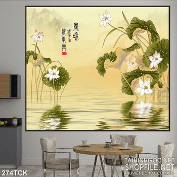 Tranh hoa sen, cá chép thư pháp phong thủy