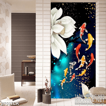 Tranh những bông hoa sen trắng bên đàn cá koi xinh đẹp