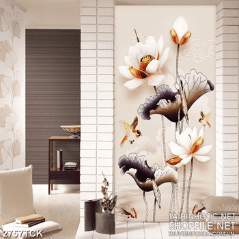 Tranh những bông hoa sen trắng giả ngọc trong hồ cá chép