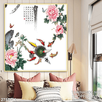 Tranh hoa sen, cá chép quần tụ và hoa mẫu đơn