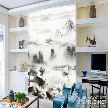 Tranh thủy mạc decor hồ hoa sen bên con đò nhỏ xinh đẹp