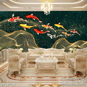 Tranh dáp vàng đàn cá koi xinh đẹp trong làn nước in 3d