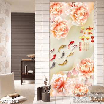 Tranh giả ngọc những bông hoa mẫu đơn bên đàn cá chép