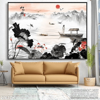 Tranh hoa sen, cá chép thư pháp nghệ thuật