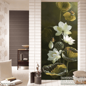 Tranh sơn dầu những chiếc lá đan xen bông sen trắng in tường