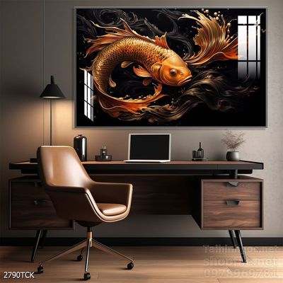 Tranh decor tường phòng khách cá chép hoa sen