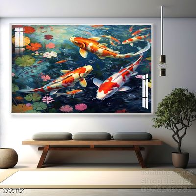 Tranh trang trí phòng khách cá chép hoa sen